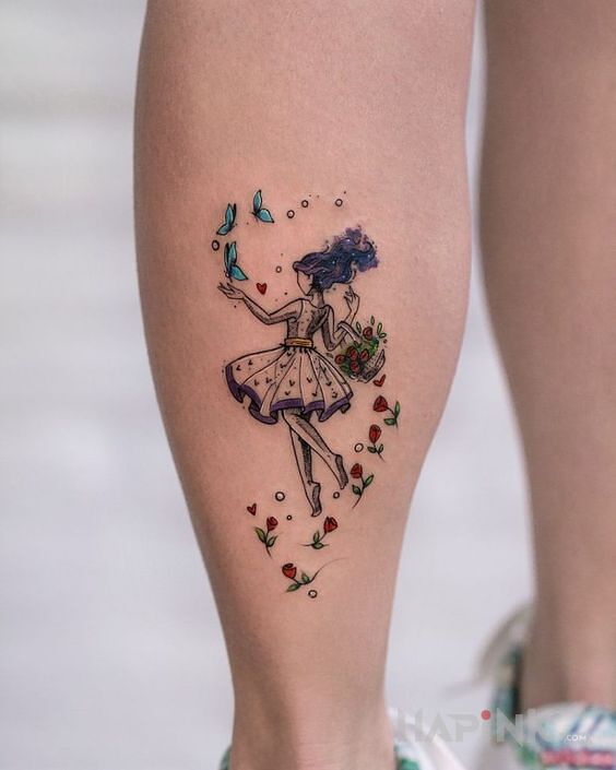 Tattoo Radosna dziewczyna in characters motif and graphic / illustrative style on the calf