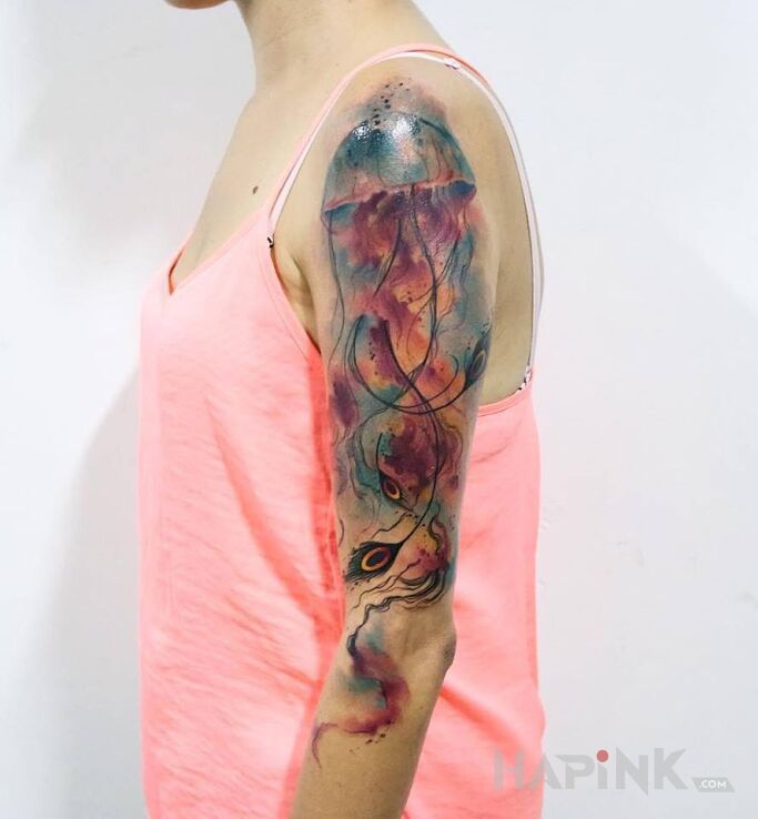 Tattoo Meduza in colorful motif and Watercolor style on the upper arm