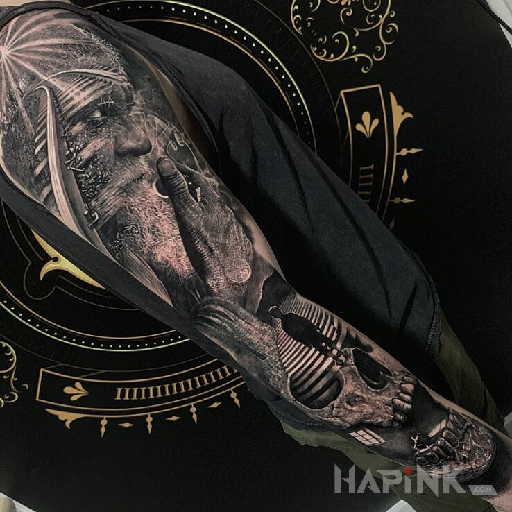 Tattoo Portret dziadka in 3D motif and realistic style on the forearm