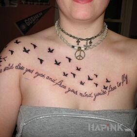 Tattoo Inscription and flock of birds on the chest motif: lettering