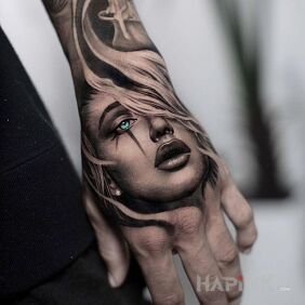 Tattoo Face on the hand motif: 3D style: realistic