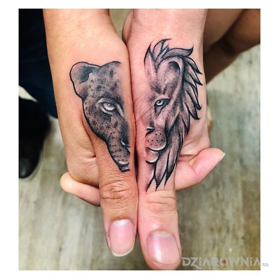 Tatuaż polowa lwica polowa lew w motywie czarno-szare i stylu graficzne / ilustracyjne na palcach