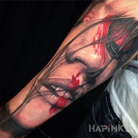 Tattoo Portrait of a girl on the forearm motif: faces style: realistic