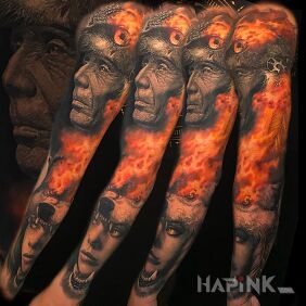 Tattoo Flames at the highest level on the upper arm motif: 3D style: realistic