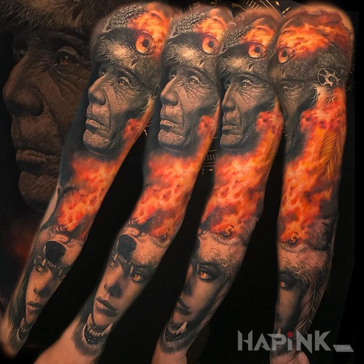 Tattoo Płomienie na najwyższym poziomie in colorful motif and realistic style on the forearm