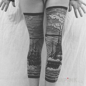 Tattoo Castle and ship on the leg motif: other
