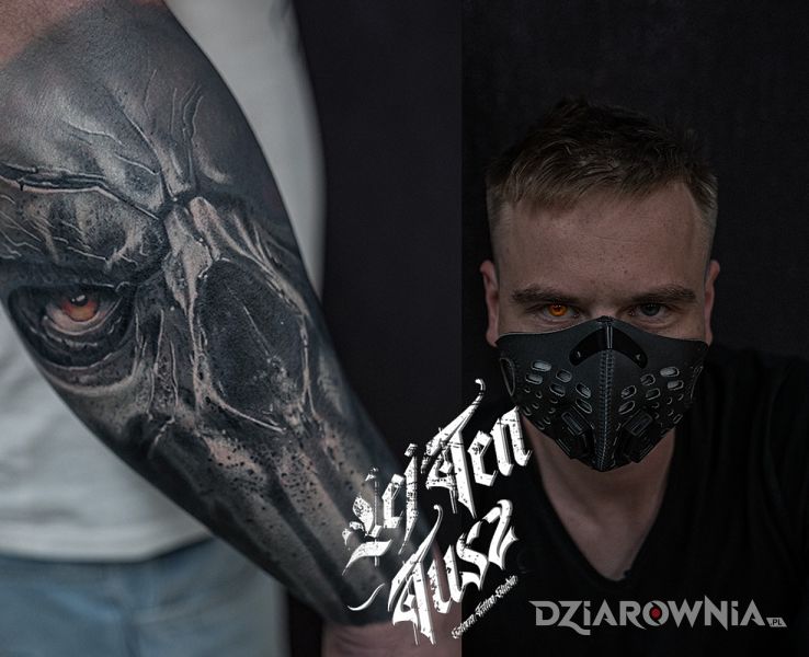Tatuaż apokalipsa w motywie czaszki i stylu realistyczne na przedramieniu