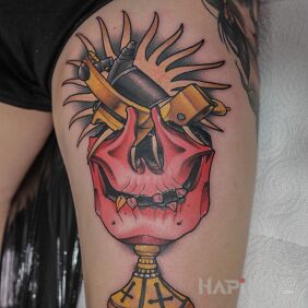 Tattoo Skull / Chalice / Neotraditional on the leg motif: skulls style: neo-traditional