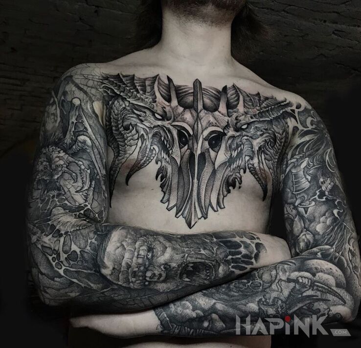 Tattoo Demoniczne plugastwa in black and gray motif and graphic / illustrative style on the chest