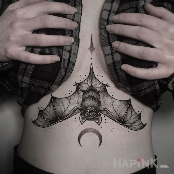 Tattoo Nietoperek :D in black and gray motif and graphic / illustrative style on the stomach