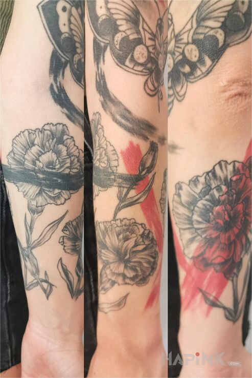 Tattoo Goździki. in flowers motif and trash polka style on the forearm