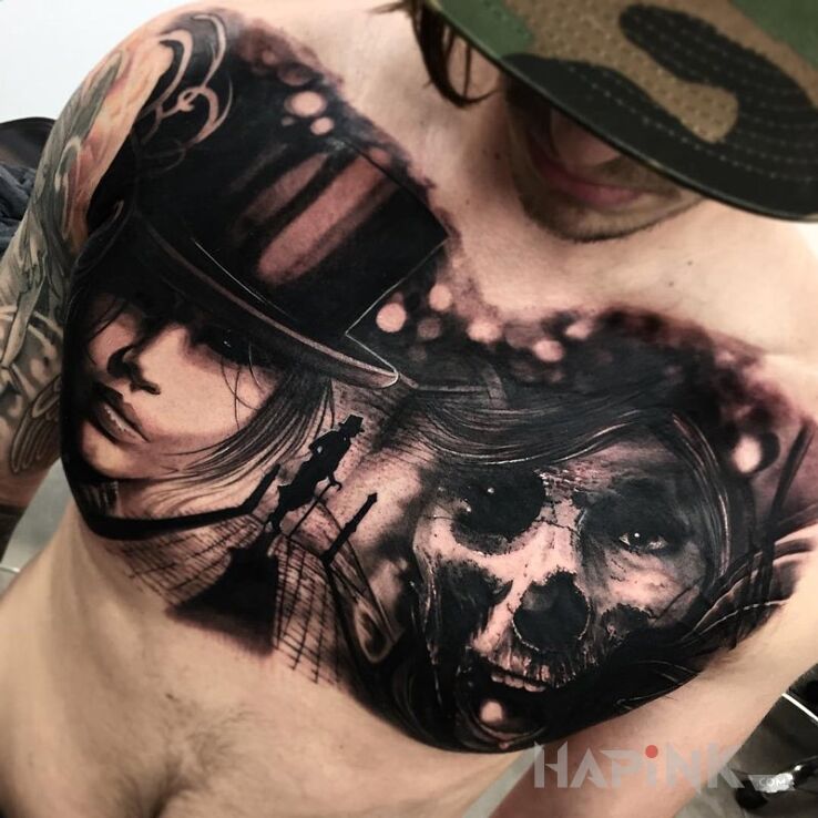 Tattoo Dr Jekyll, Mr Hyde in characters motif on the chest