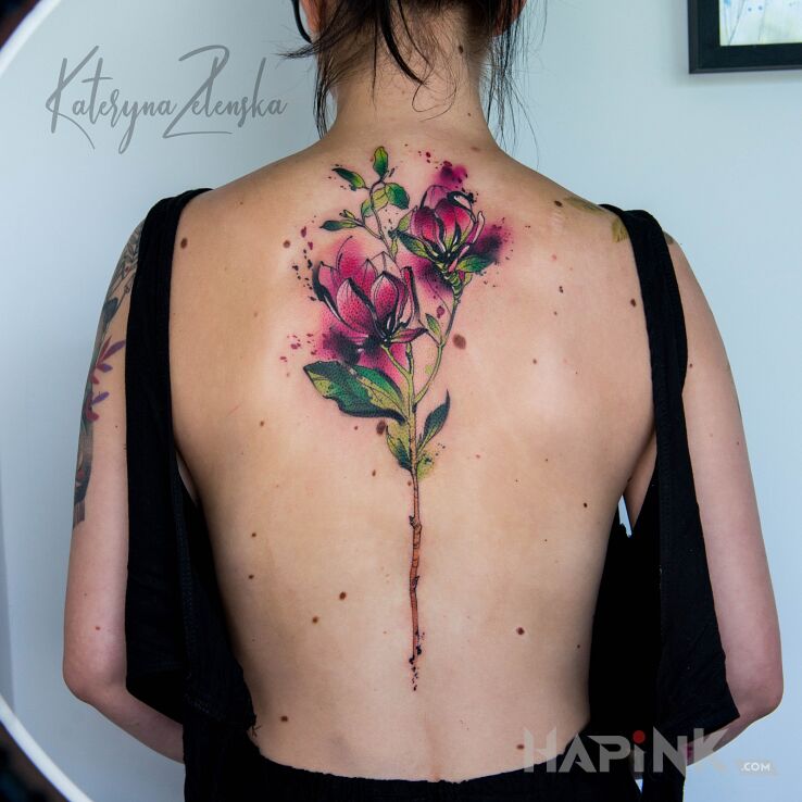 Tattoo Kwiaty / Akwarela in colorful motif and graphic / illustrative style on the back