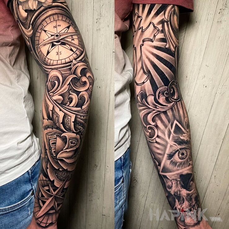 Tattoo Oko opatrzności in black and gray motif and realistic style on the forearm