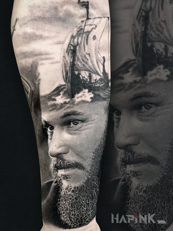 Tattoo Ragnar in 3D motif and realistic style on the forearm