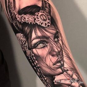 Tattoo Woman on the forearm on the forearm motif: 3D style: realistic