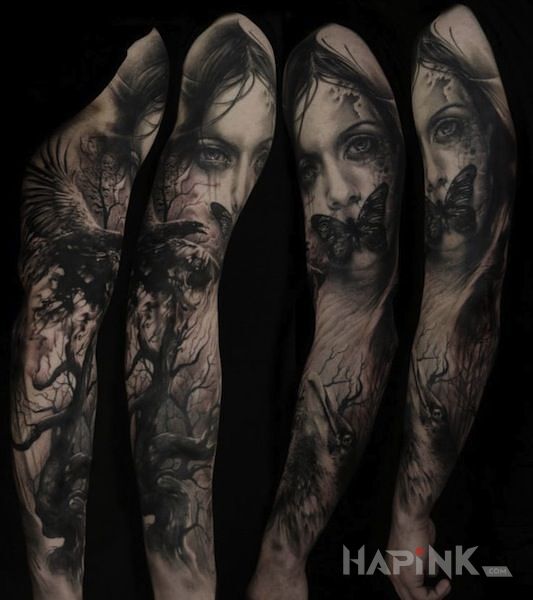 Tattoo Motyl na ustach in sleeves motif and realistic style on the forearm