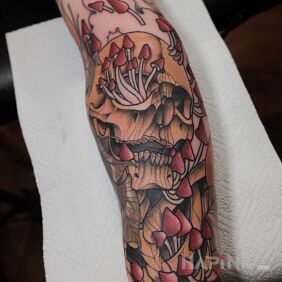 Tattoo Skull / Mushrooms / Neotraditional on the forearm motif: skulls style: neo-traditional