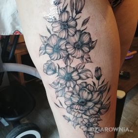 Tatuaż 4 tattoo w życiu na nodze motyw: czarno-szare styl: graficzne / ilustracyjne
