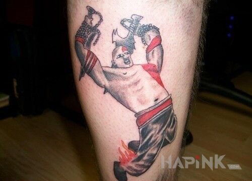 Tattoo Kratos in characters motif on the leg