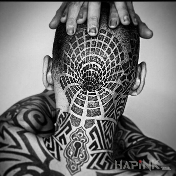 Tattoo Dziura na bani in black and gray motif and optical illusion style on the head