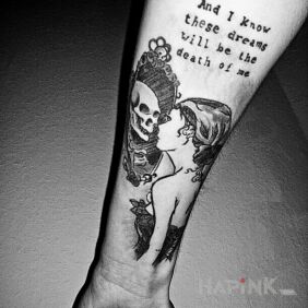 Tattoo Dreams = death on the forearm motif: lettering style: graphic / illustrative