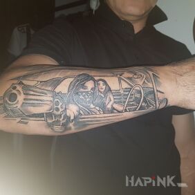 Tattoo Cadilac on the forearm motif: black and gray style: graphic / illustrative