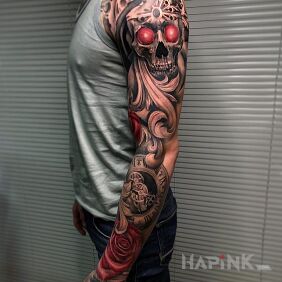 Tattoo Red eyes in the skull on the forearm motif: objects style: realistic