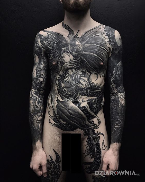 Tatuaż ogromna bestia w motywie czarno-szare i stylu graficzne / ilustracyjne na klatce