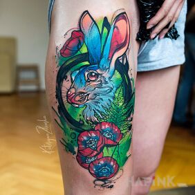 Tattoo Rabbit / Watercolor / Watercolor on the leg motif: colorful style: Watercolor