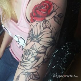Tatuaż Róże i lilie na ramieniu motyw: czarno-szare styl: graficzne / ilustracyjne