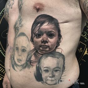 Tattoo Kids on the ribs motif: black and gray style: realistic