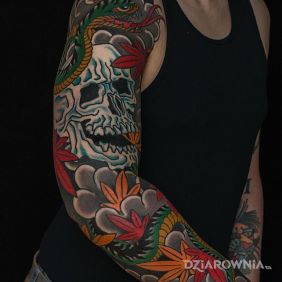 Tatuaż Japonska czacha na przedramieniu motyw: rękawy styl: japońskie / irezumi
