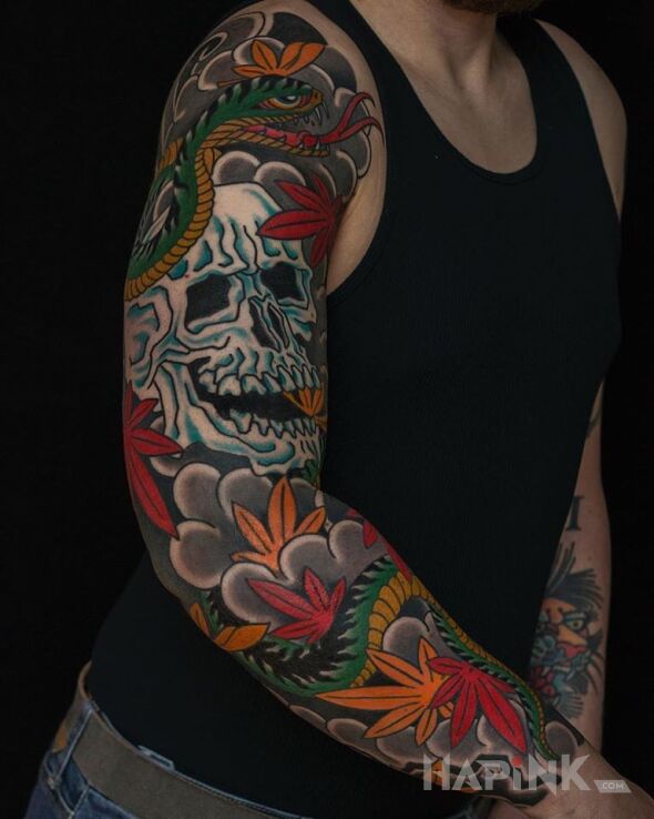 Tattoo Japonska czacha in colorful motif and japanese / irezumi style on the forearm