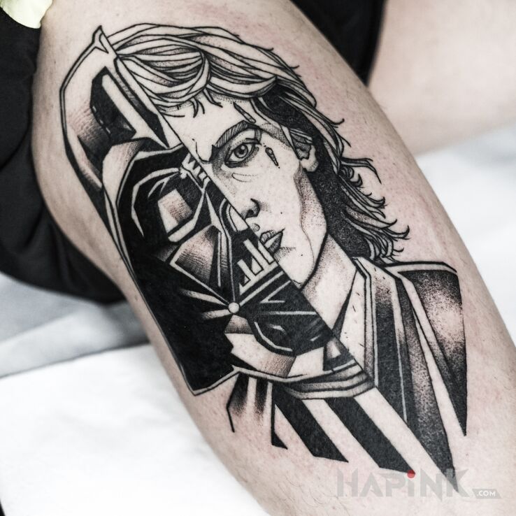 Tattoo Star Wars / Gwiezdne Wojny / Anakin Skywalker / Darth Vader in science fiction motif and graphic / illustrative style on the leg