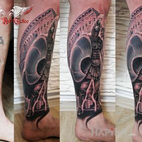 Tattoo Cover on the calf motif: black and gray style: realistic