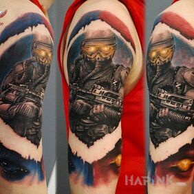 Tattoo Colorful on the upper arm motif: characters style: realistic