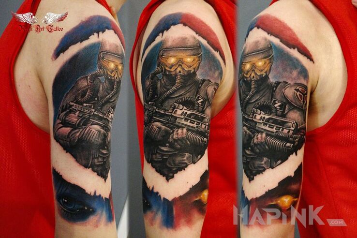 Tattoo Kolorowy in characters motif and realistic style on the upper arm