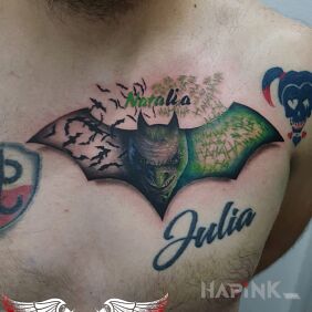 Tattoo Batman on the chest motif: colorful style: graphic / illustrative
