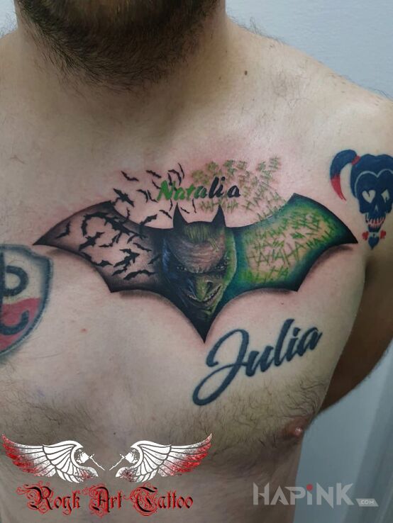 Tattoo Batman in characters motif and graphic / illustrative style on the chest