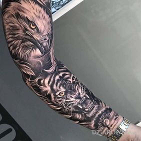 Tatuaż Orzeł i tygrys na przedramieniu motyw: zwierzęta styl: realistyczne