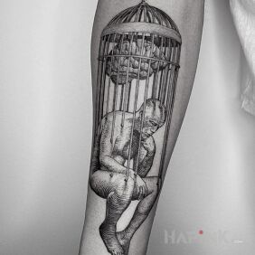 Tattoo Trapped in the mind on the forearm motif: characters style: engravings / gravure