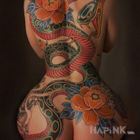 Tattoo Snake on the shoulder blades motif: flowers style: japanese / irezumi