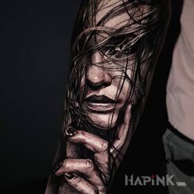 Tattoo Disheveled girl on the forearm motif: 3D style: realistic