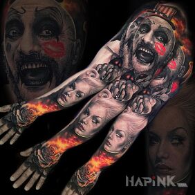 Tattoo Tattooed madness on the forearm motif: characters style: realistic