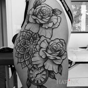 Tattoo Flowers / Roses / Mandala / Clock on the buttocks motif: mandalas style: graphic / illustrative