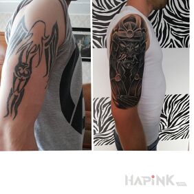 Tattoo Cover on the upper arm motif: demons style: graphic / illustrative