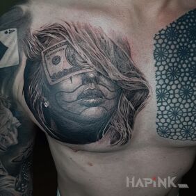 Tattoo Face on the chest motif: 3D style: chicano