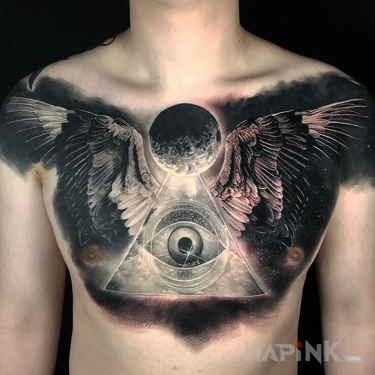 Tattoo Uskrzydlone wszechwiedzące oko in religious motif and realistic style on the chest