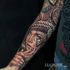 Tattoo The girl under the rope on the upper arm motif: faces style: realistic